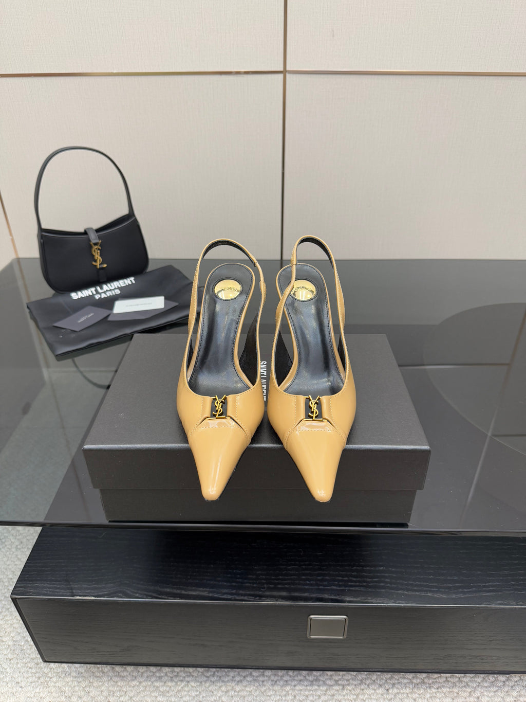 YSL 25S SLINGBACK HIGH HEELS 90 MM IN DARK BEIGE LAMBSKIN WITH GOLD HARDWARE STYLE 5