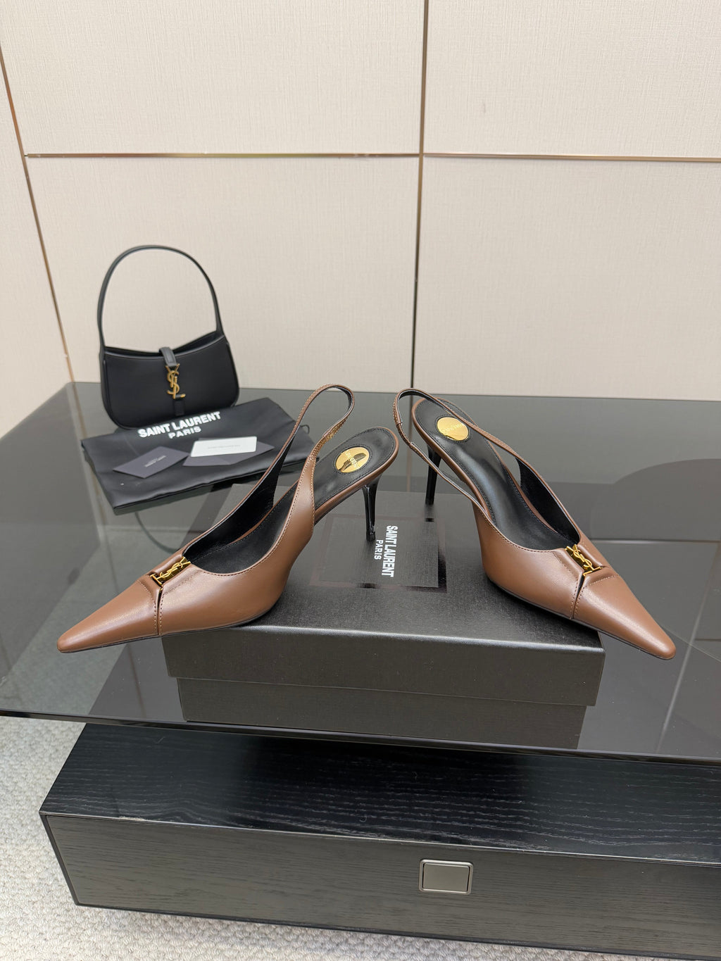 YSL 25S SLINGBACK HIGH HEELS 90 MM IN CHESTNUT BROWN LAMBSKIN WITH GOLD HARDWARE STYLE 1