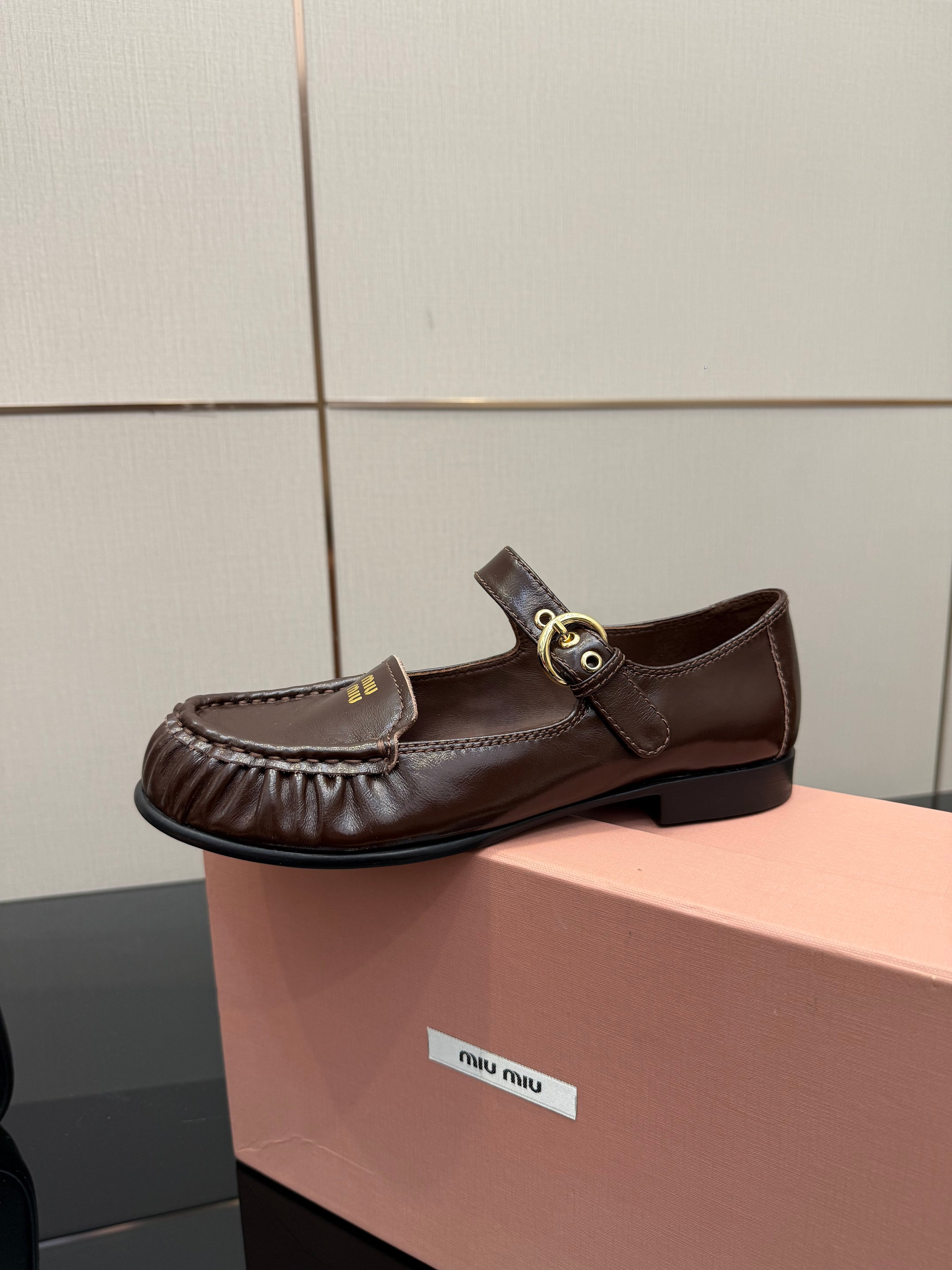 MIUMIU 25S LOAFERS WITH STRAP IN DARK BROWN LAMBSKIN