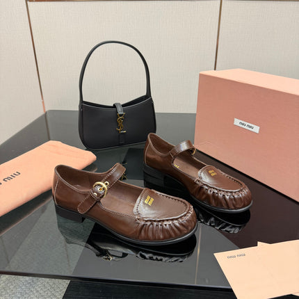 MIUMIU 25S LOAFERS WITH STRAP IN DARK BROWN LAMBSKIN