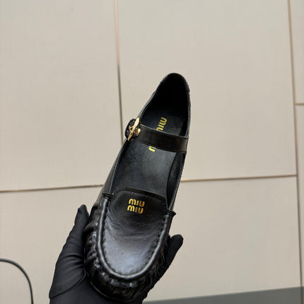 MIUMIU 25S LOAFERS WITH STRAP IN BLACK LAMBSKIN