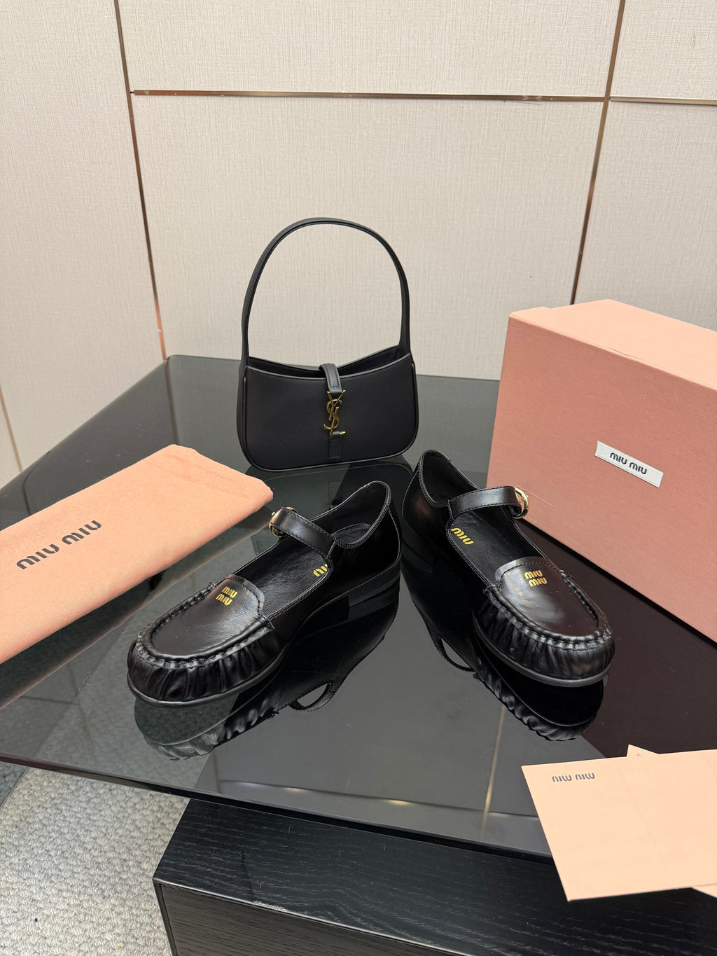 MIUMIU 25S LOAFERS WITH STRAP IN BLACK LAMBSKIN