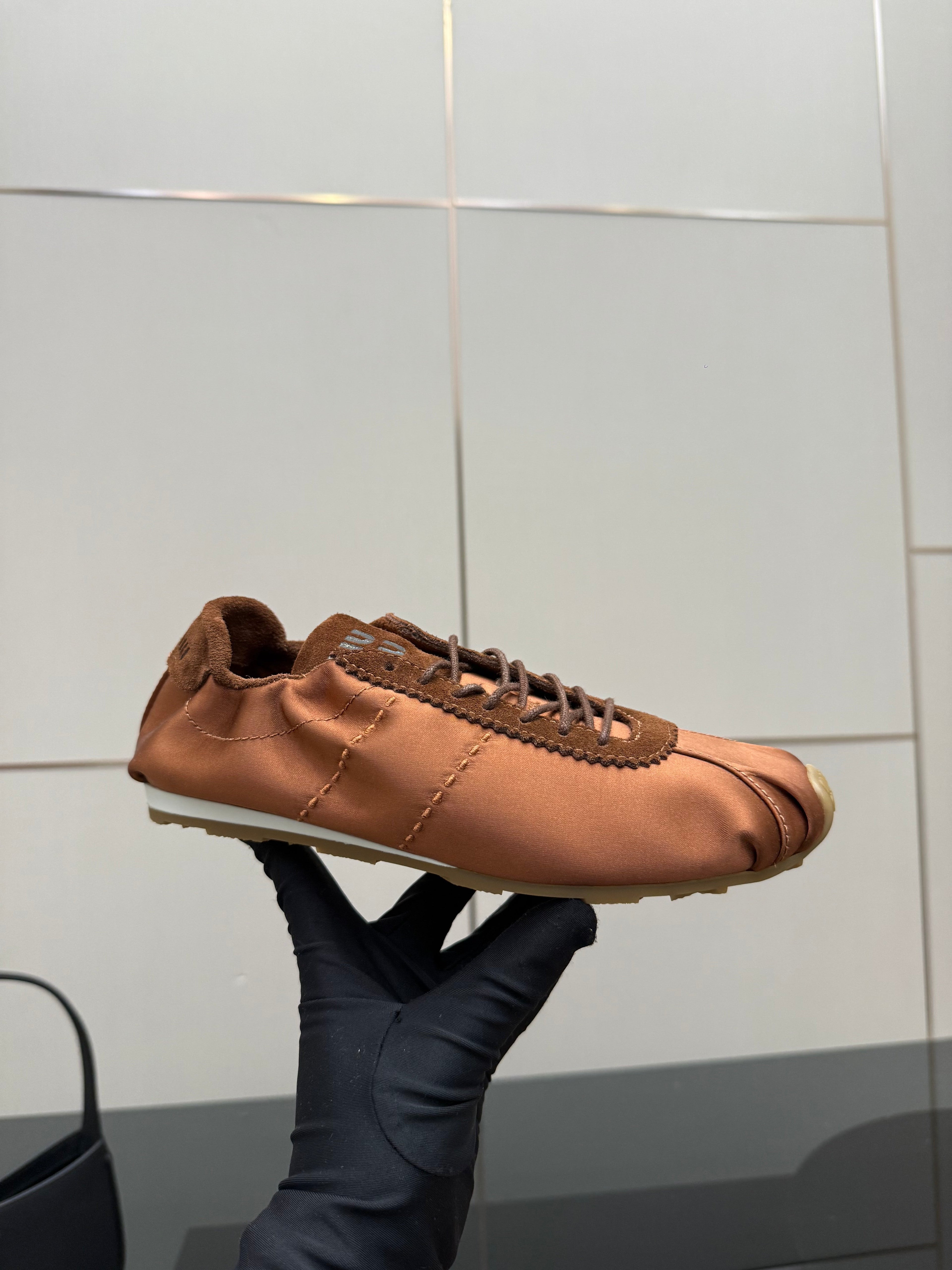 MIUMIU 25S SNEAKERS IN COCOA BROWN PLUME SATIN