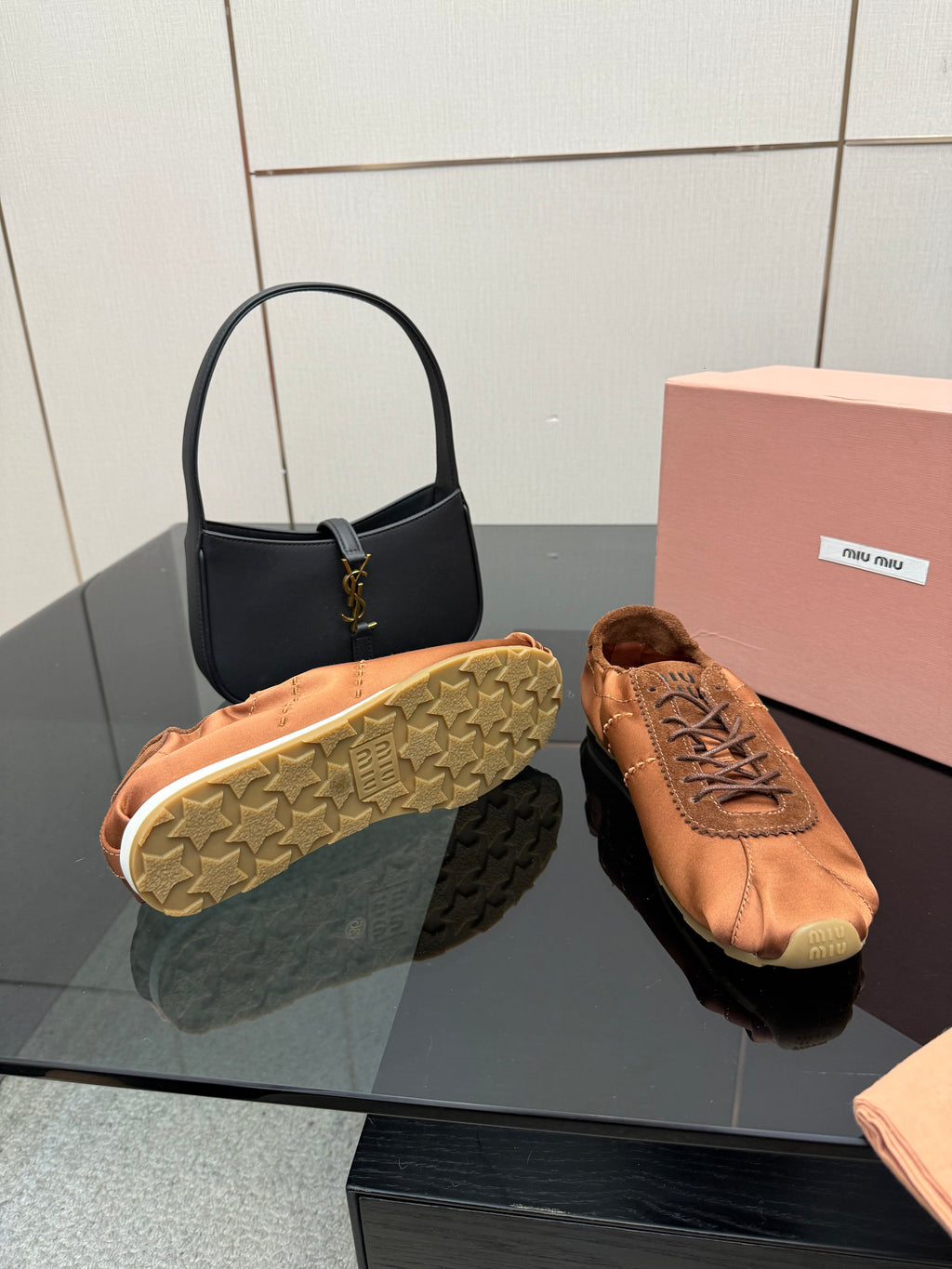 MIUMIU 25S SNEAKERS IN COCOA BROWN PLUME SATIN