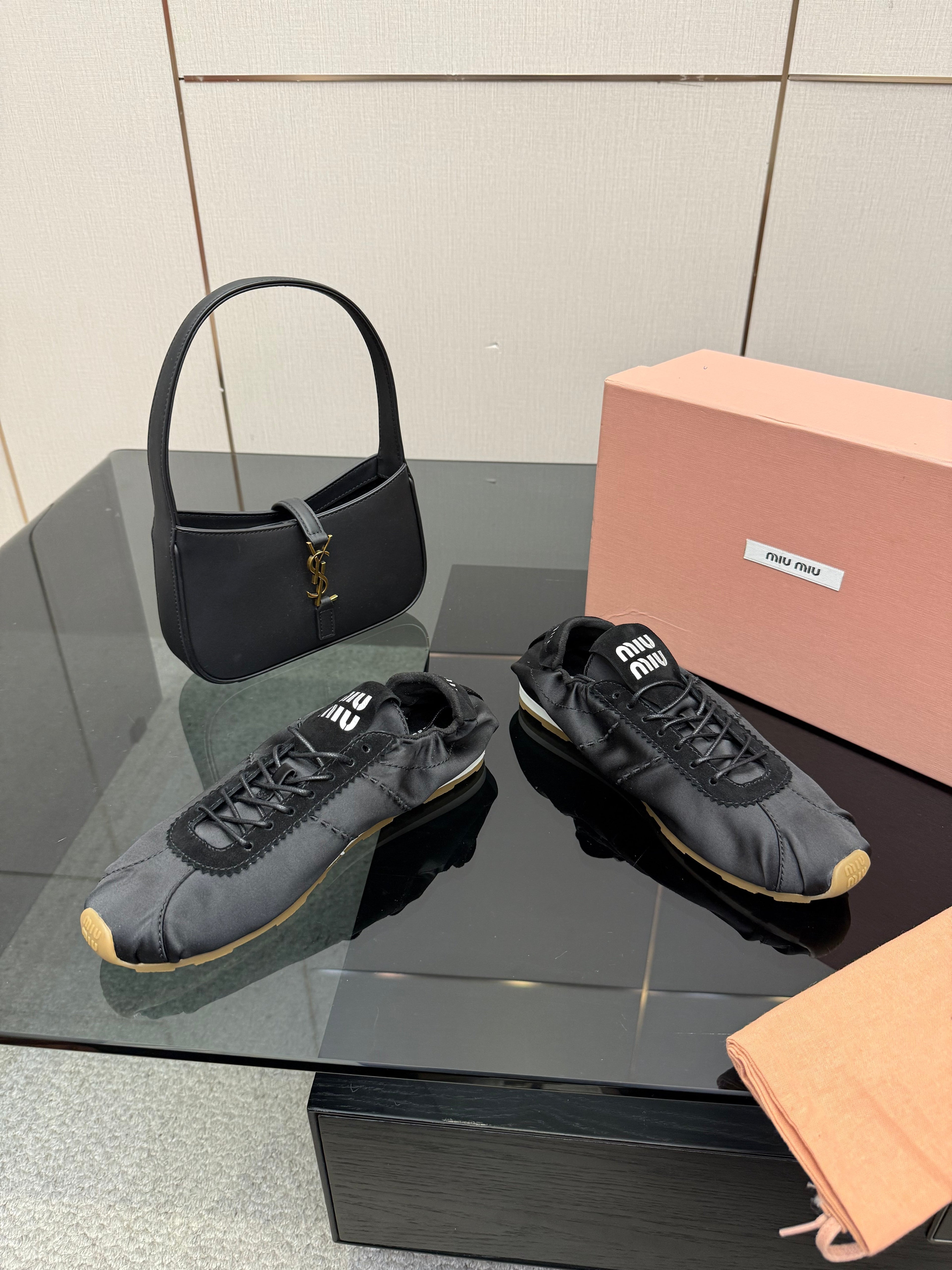 MIUMIU 25S SNEAKERS IN BLACK PLUME SATIN