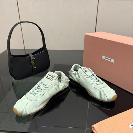 MIUMIU 25S SNEAKERS IN POWDER BLUE PLUME SATIN