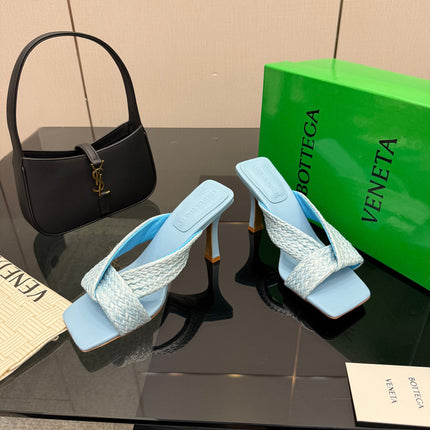 BOTTEGA VENETA 26S HEELED SANDALS 95 MM IN LIGHT BLUE CALFSKIN AND RAFFIA