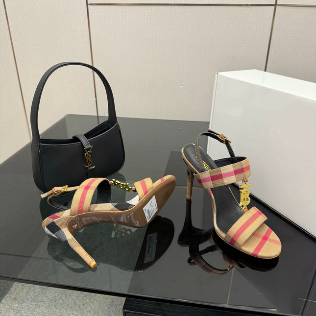 BURBERRY 26S HIGH-HEELED SANDALS 100 MM IN LIGHT BROWN STRIPES FABRIC