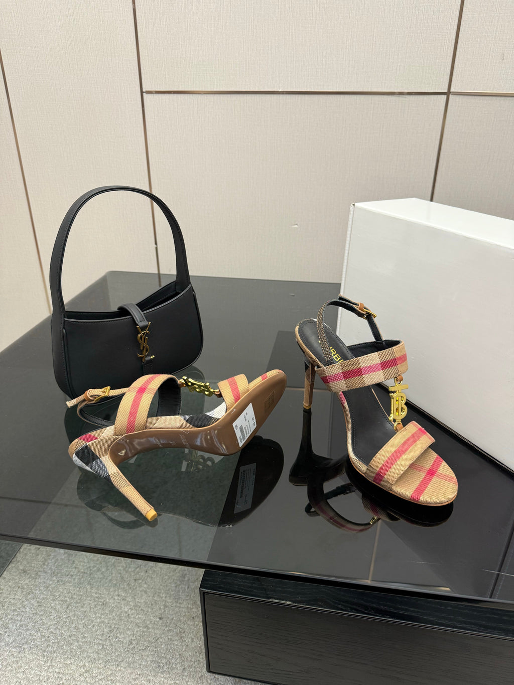 BURBERRY 26S HIGH-HEELED SANDALS 100 MM IN LIGHT BROWN STRIPES FABRIC