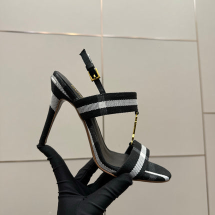BURBERRY 26S HIGH-HEELED SANDALS 100 MM IN BLACK AND WHITE STRIPES FABRIC