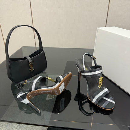 BURBERRY 26S HIGH-HEELED SANDALS 100 MM IN BLACK AND WHITE STRIPES FABRIC