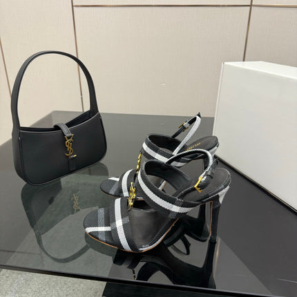 BURBERRY 26S HIGH-HEELED SANDALS 100 MM IN BLACK AND WHITE STRIPES FABRIC