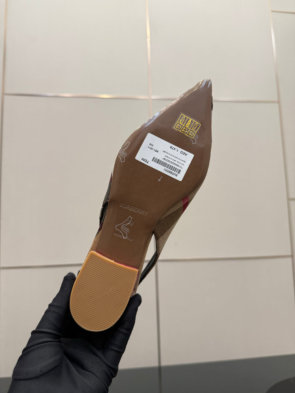 BURBERRY 26S SLINGBACK HEELS 85 MM IN STRIPED COLOR COORDINATION FABRIC WITH GOLD HARDWARE STYLE 6