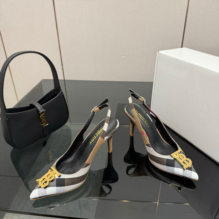 BURBERRY 26S SLINGBACK HEELS 85 MM IN STRIPED COLOR COORDINATION FABRIC WITH GOLD HARDWARE STYLE 5