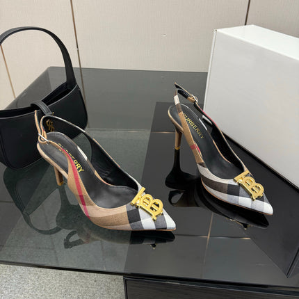 BURBERRY 26S SLINGBACK HEELS 85 MM IN STRIPED COLOR COORDINATION FABRIC WITH GOLD HARDWARE STYLE 5