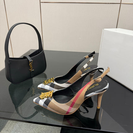 BURBERRY 26S SLINGBACK HEELS 85 MM IN STRIPED COLOR COORDINATION FABRIC WITH GOLD HARDWARE STYLE 5