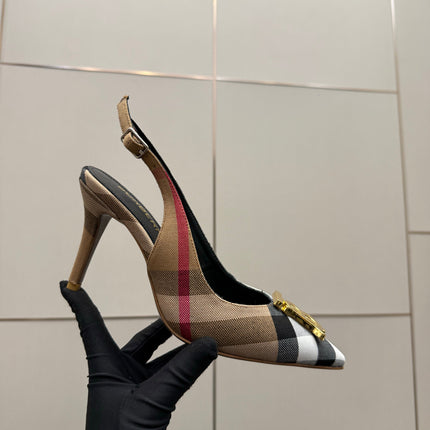 BURBERRY 26S SLINGBACK HEELS 85 MM IN STRIPED COLOR COORDINATION FABRIC WITH GOLD HARDWARE STYLE 5