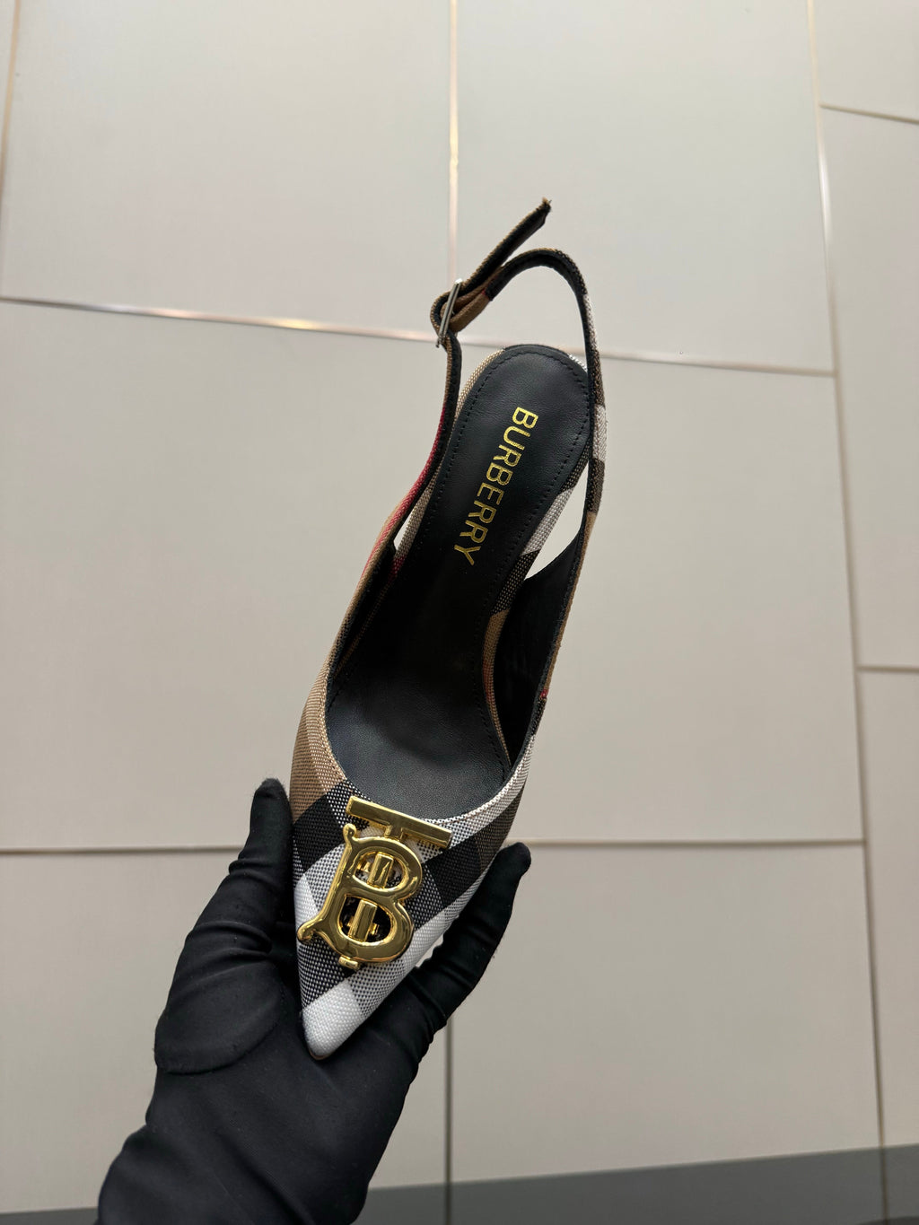 BURBERRY 26S SLINGBACK HEELS 85 MM IN STRIPED COLOR COORDINATION FABRIC WITH GOLD HARDWARE STYLE 5