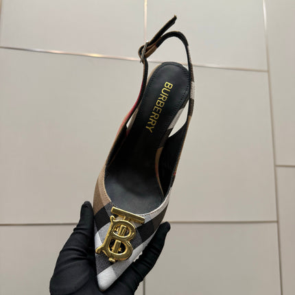 BURBERRY 26S SLINGBACK HEELS 85 MM IN STRIPED COLOR COORDINATION FABRIC WITH GOLD HARDWARE STYLE 5