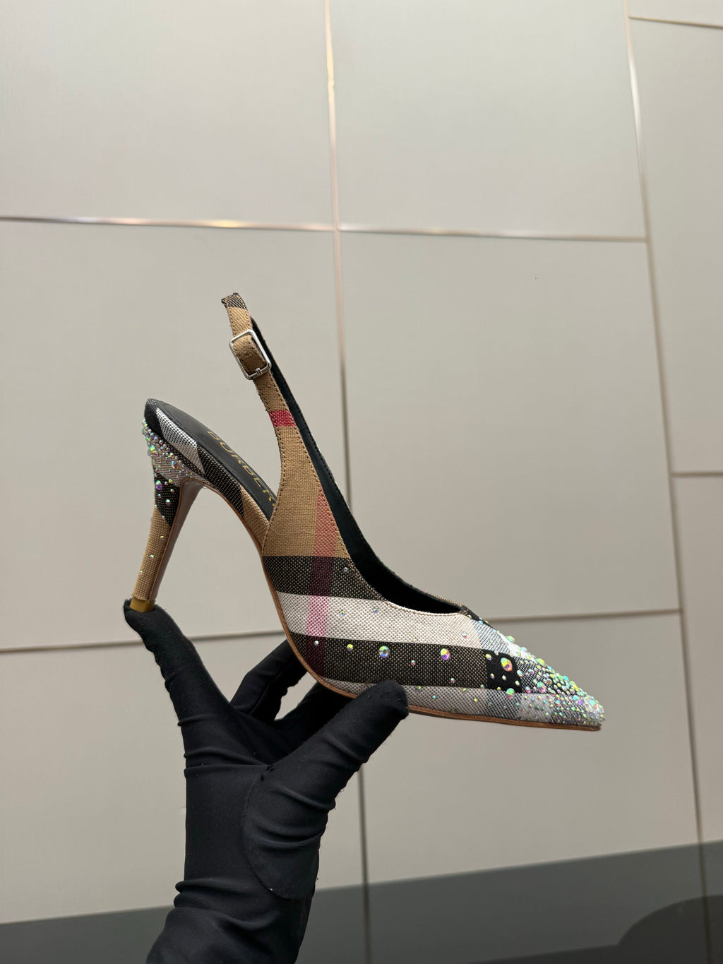 BURBERRY 26S SLINGBACK HEELS 85 MM IN STRIPED COLOR COORDINATION FABRIC