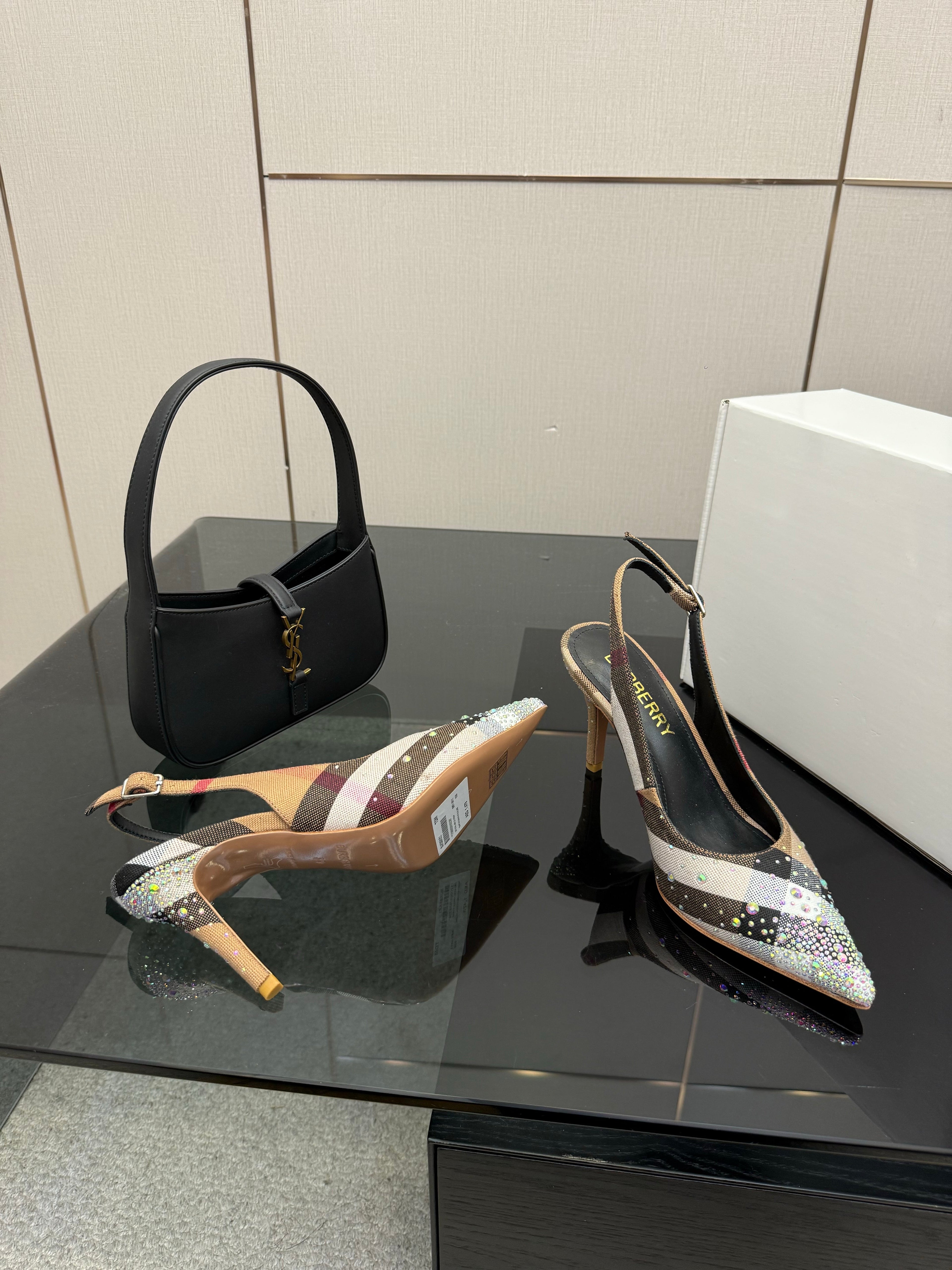 BURBERRY 26S SLINGBACK HEELS 85 MM IN STRIPED COLOR COORDINATION FABRIC