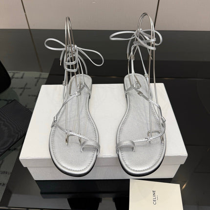 CELINE 26S TRIOMPHE LACE UP FLAT SANDALS IN SILVER CALFSKIN