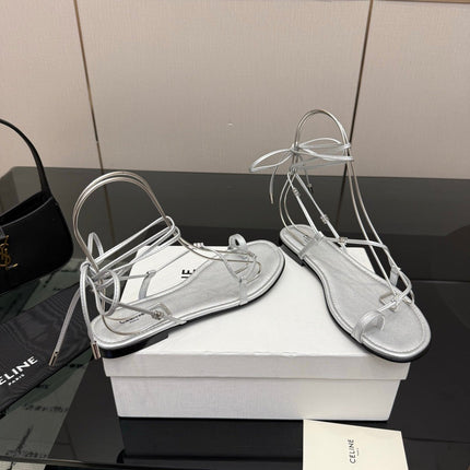 CELINE 26S TRIOMPHE LACE UP FLAT SANDALS IN SILVER CALFSKIN