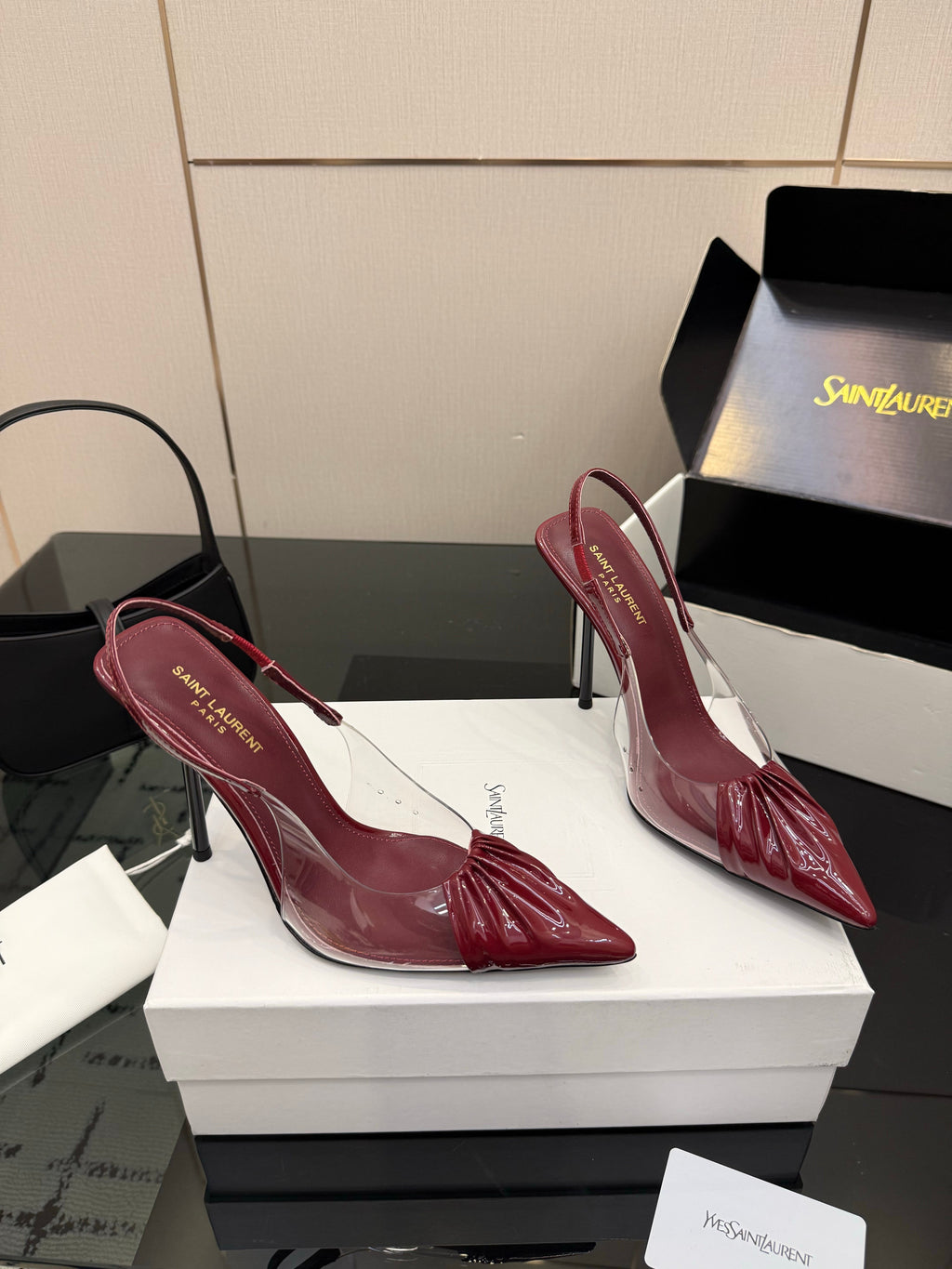 YSL 26S PLEATED SLINGBACK HEELS 105 MM IN DARK RED GLOSSY CALFSKIN AND PVC