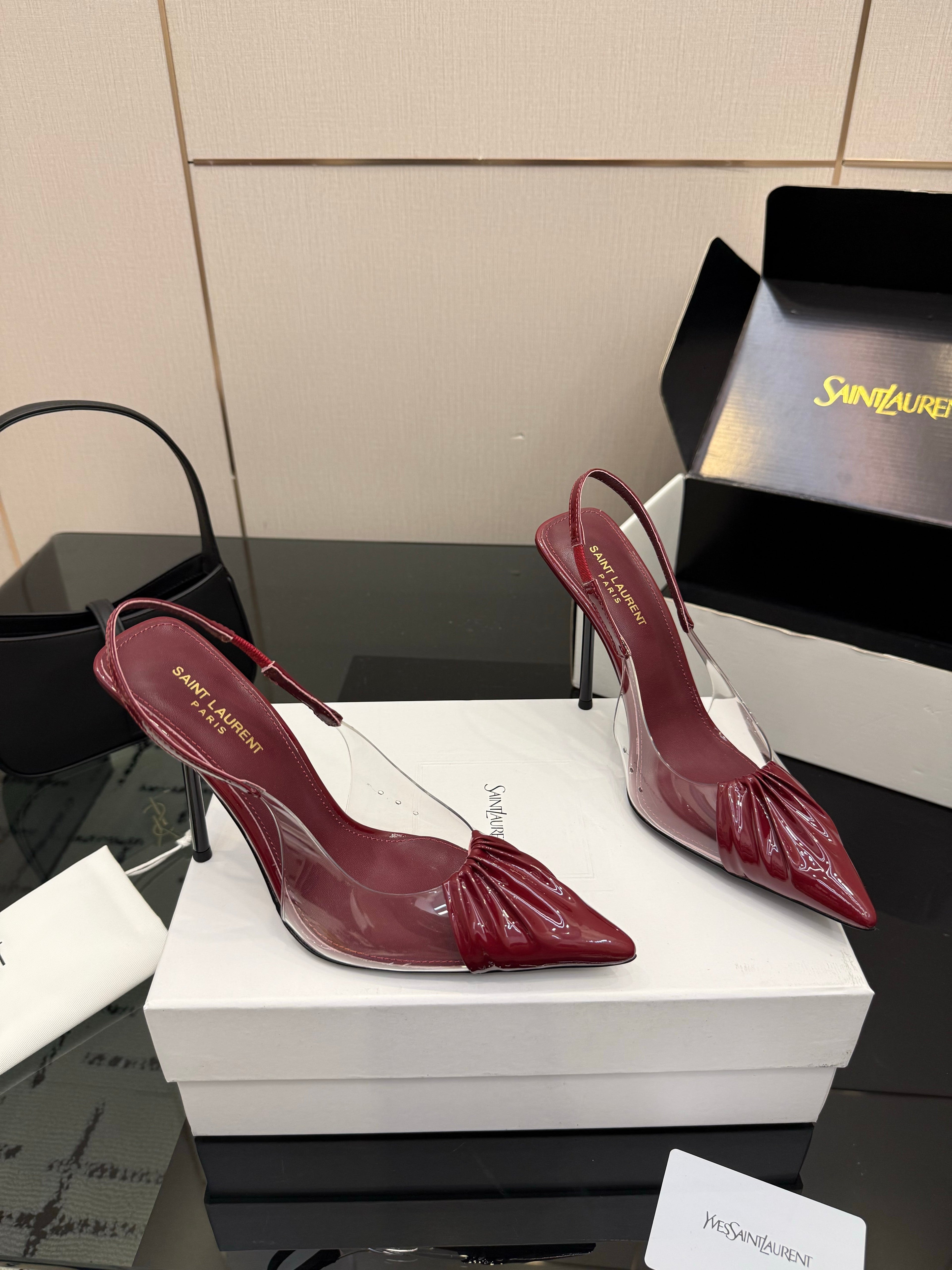 YSL 26S PLEATED SLINGBACK HEELS 105 MM IN DARK RED GLOSSY CALFSKIN AND PVC