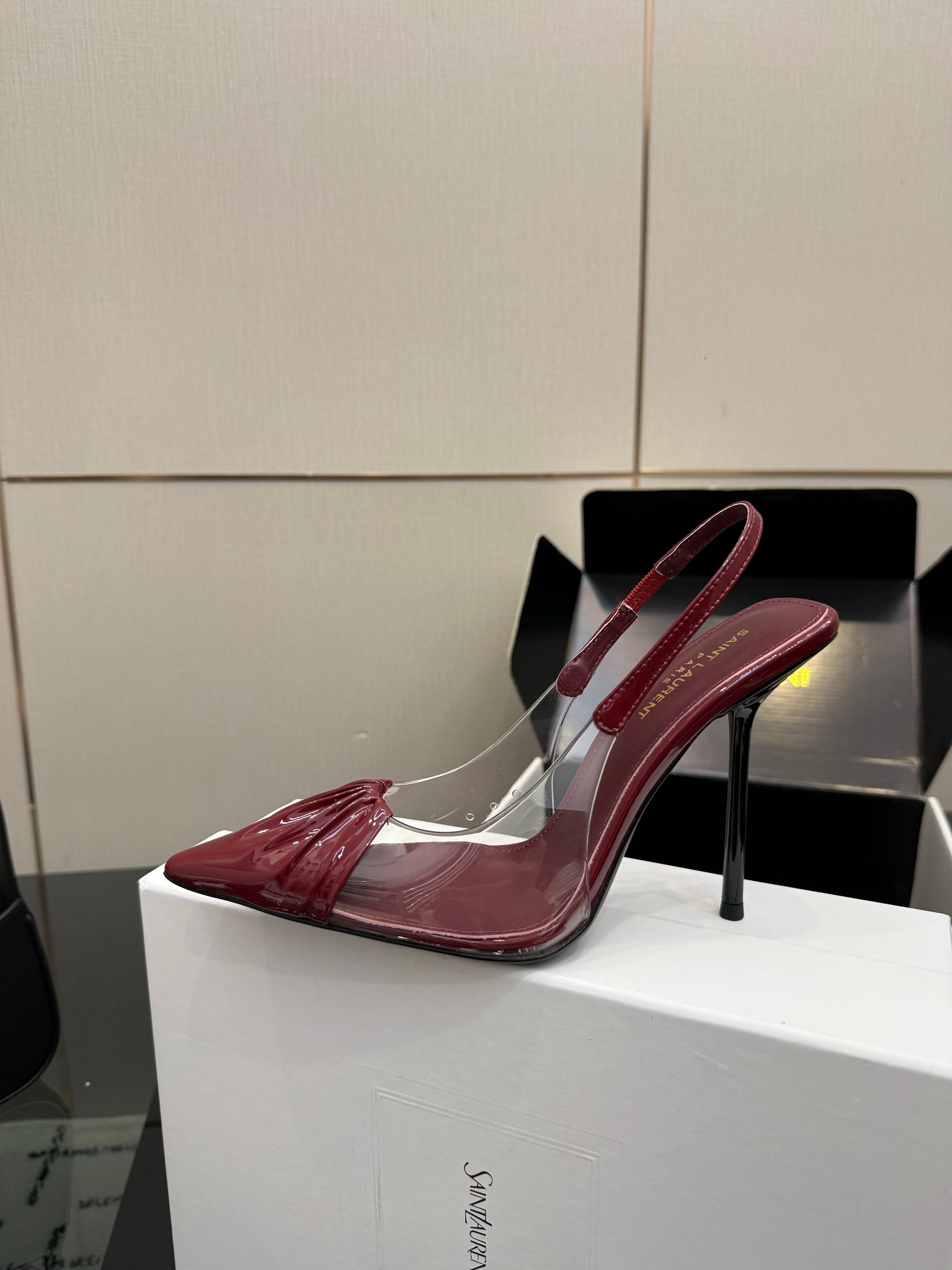 YSL 26S PLEATED SLINGBACK HEELS 105 MM IN DARK RED GLOSSY CALFSKIN AND PVC
