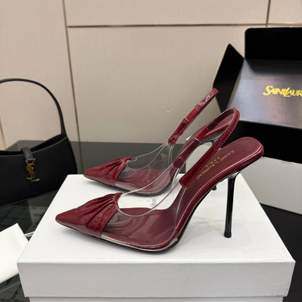 YSL 26S PLEATED SLINGBACK HEELS 105 MM IN DARK RED GLOSSY CALFSKIN AND PVC
