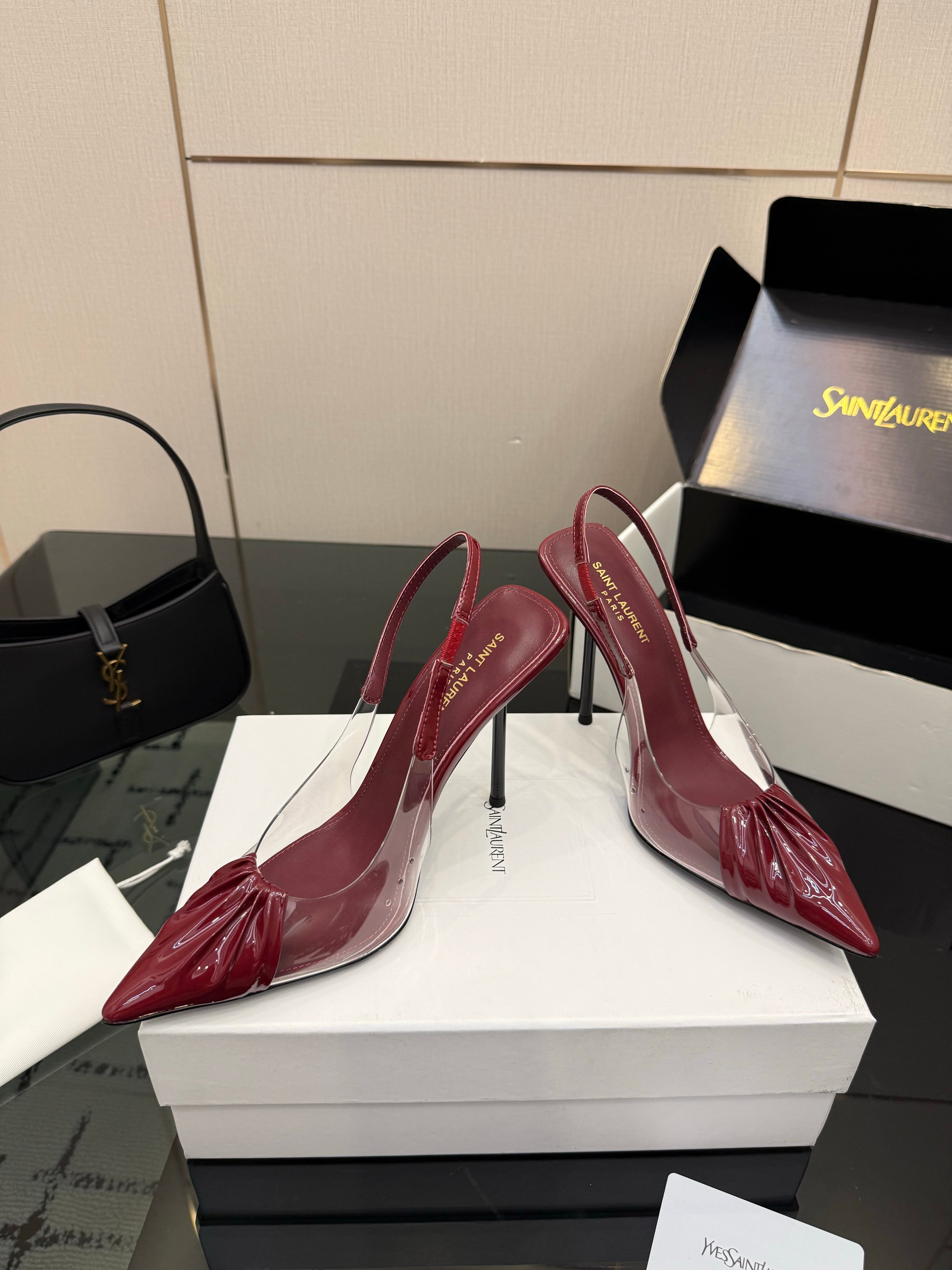 YSL 26S PLEATED SLINGBACK HEELS 105 MM IN DARK RED GLOSSY CALFSKIN AND PVC