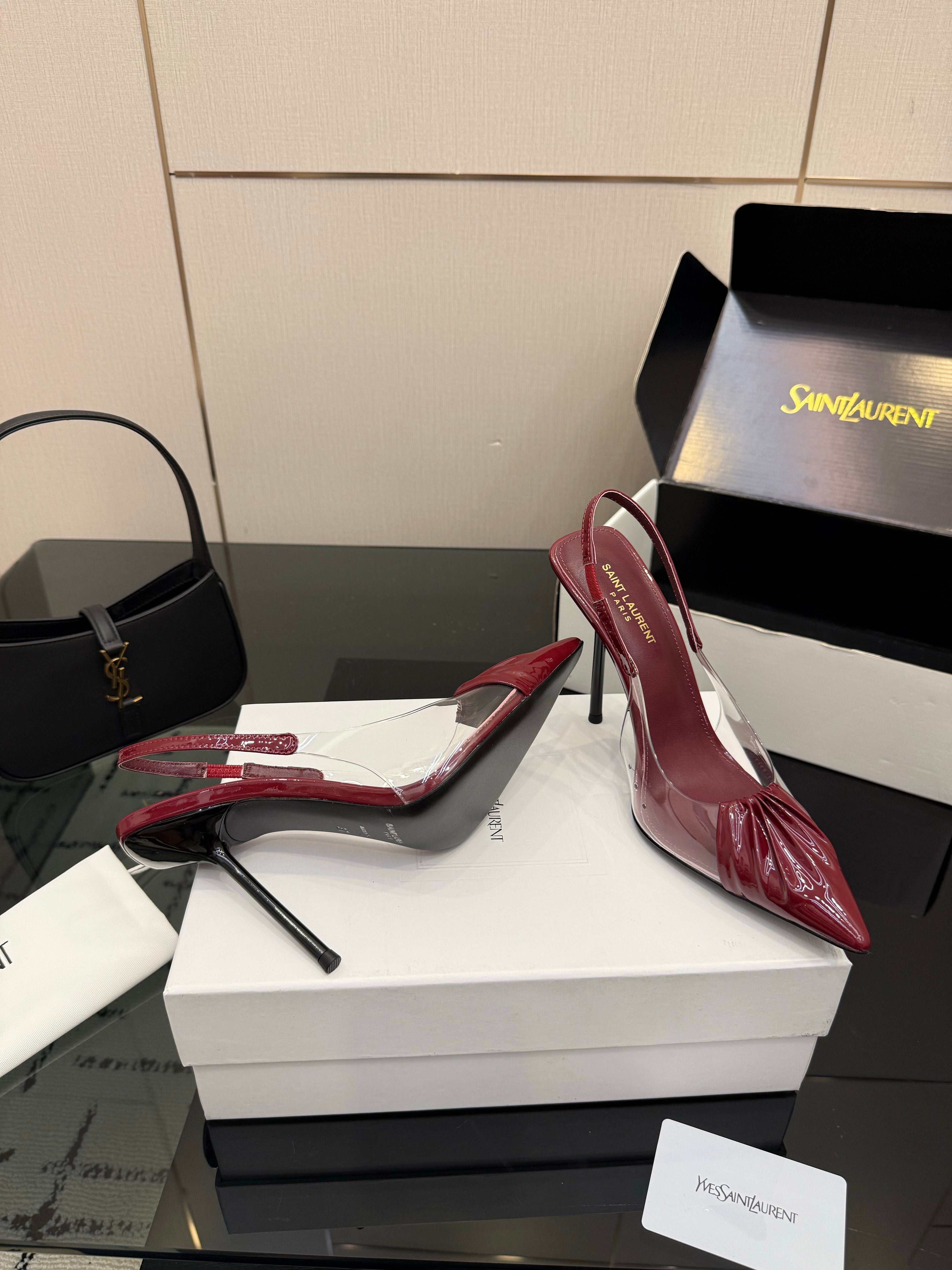 YSL 26S PLEATED SLINGBACK HEELS 105 MM IN DARK RED GLOSSY CALFSKIN AND PVC