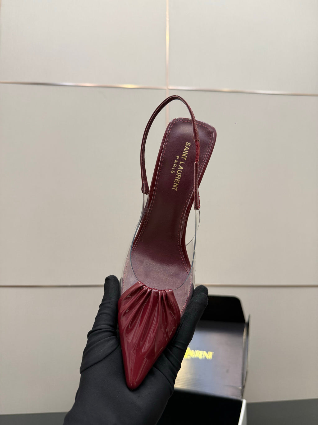 YSL 26S PLEATED SLINGBACK HEELS 105 MM IN DARK RED GLOSSY CALFSKIN AND PVC