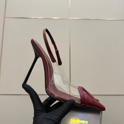 YSL 26S PLEATED SLINGBACK HEELS 105 MM IN DARK RED GLOSSY CALFSKIN AND PVC