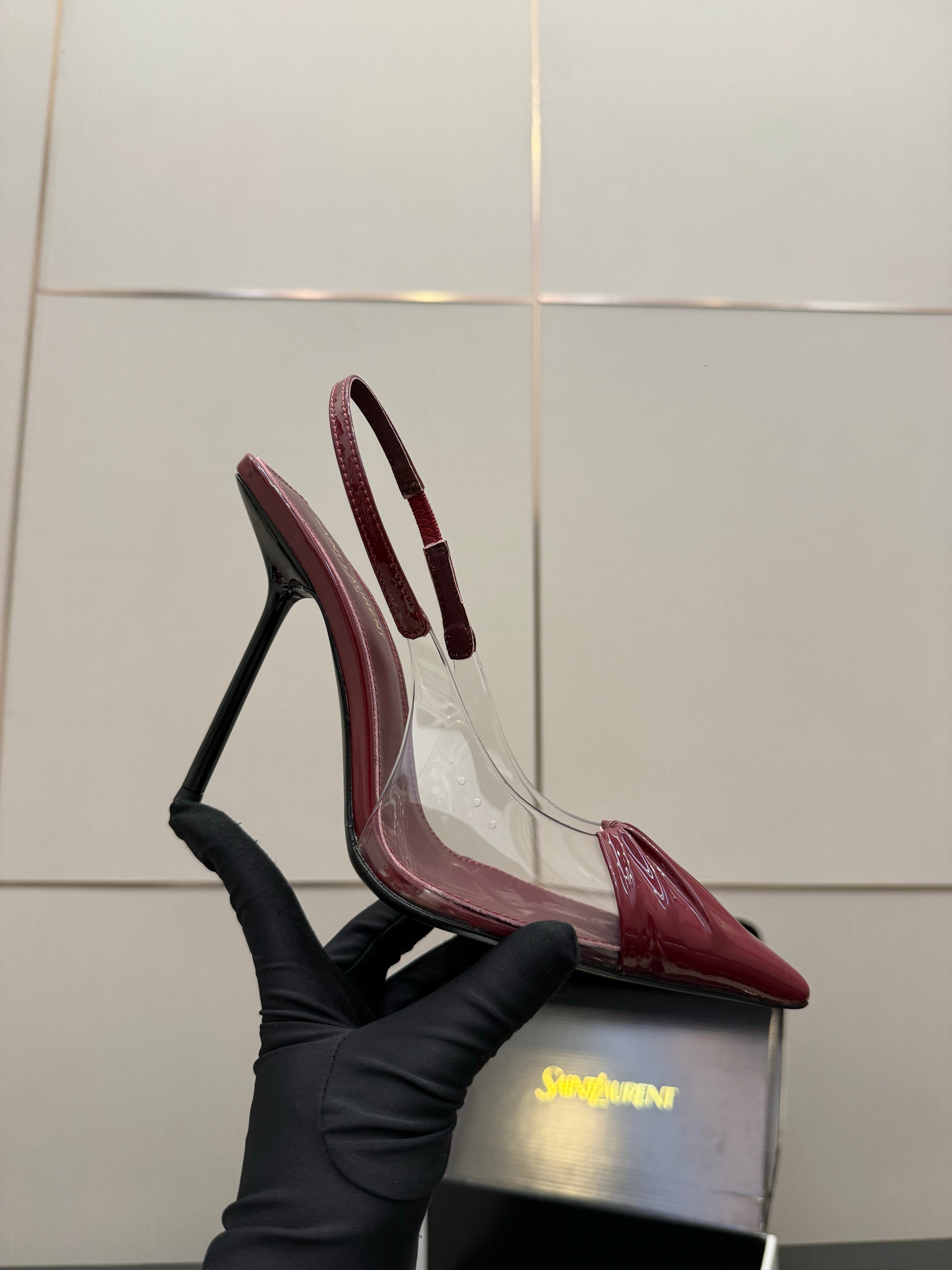 YSL 26S PLEATED SLINGBACK HEELS 105 MM IN DARK RED GLOSSY CALFSKIN AND PVC