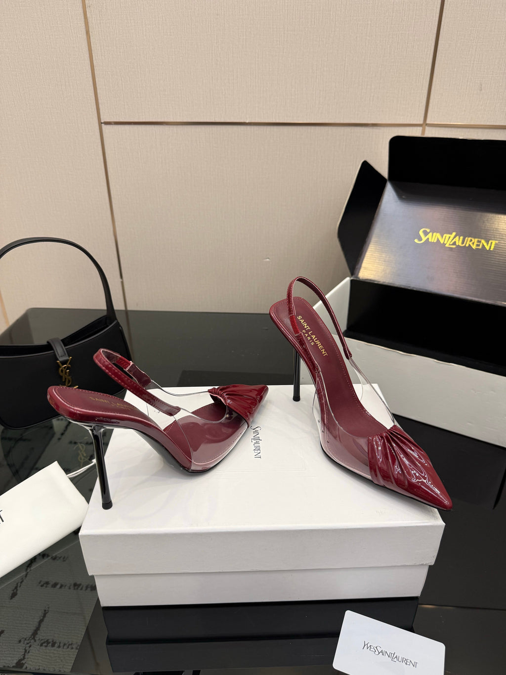 YSL 26S PLEATED SLINGBACK HEELS 105 MM IN DARK RED GLOSSY CALFSKIN AND PVC