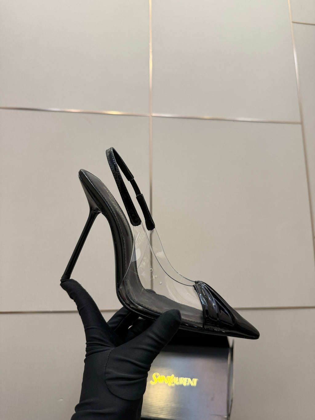 YSL 26S PLEATED SLINGBACK HEELS 105 MM IN BLACK GLOSSY CALFSKIN AND PVC