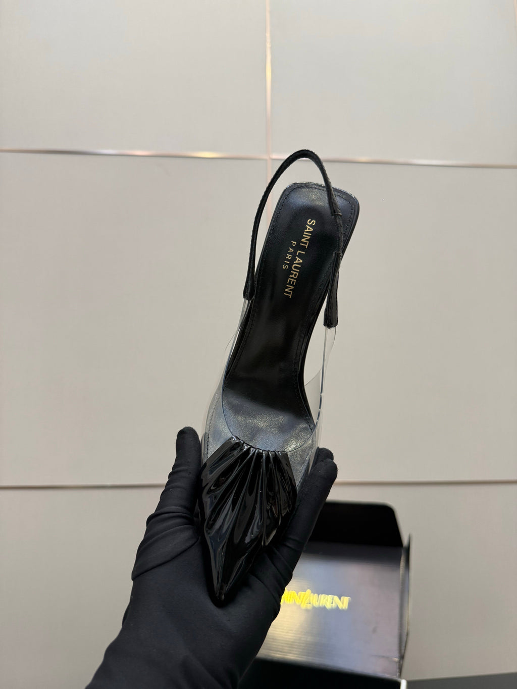 YSL 26S PLEATED SLINGBACK HEELS 105 MM IN BLACK GLOSSY CALFSKIN AND PVC