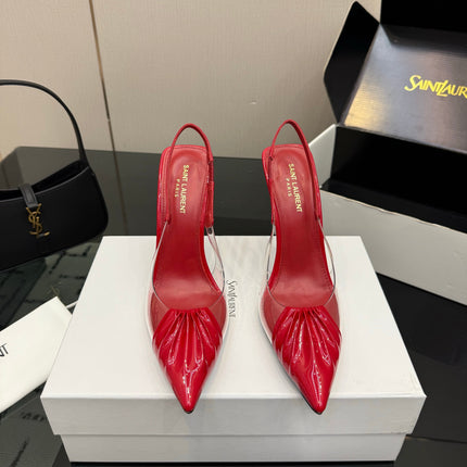 YSL 26S PLEATED SLINGBACK HEELS 105 MM IN RED GLOSSY CALFSKIN AND PVC