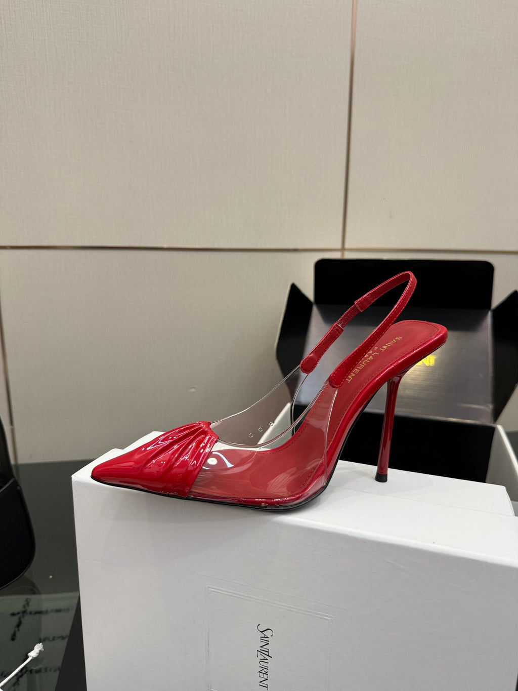 YSL 26S PLEATED SLINGBACK HEELS 105 MM IN RED GLOSSY CALFSKIN AND PVC