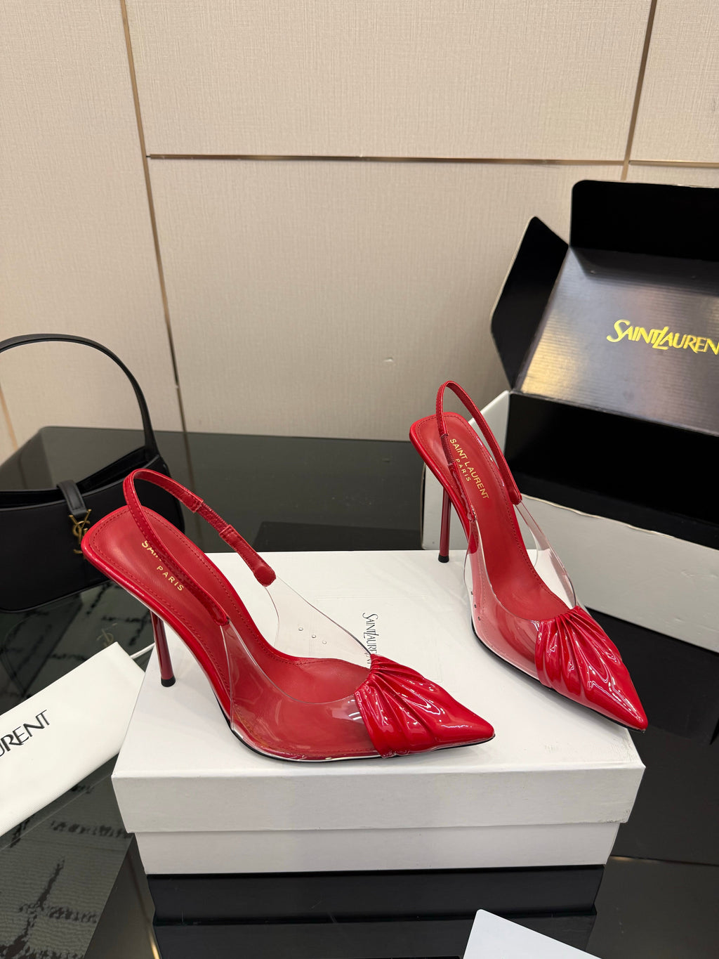 YSL 26S PLEATED SLINGBACK HEELS 105 MM IN RED GLOSSY CALFSKIN AND PVC