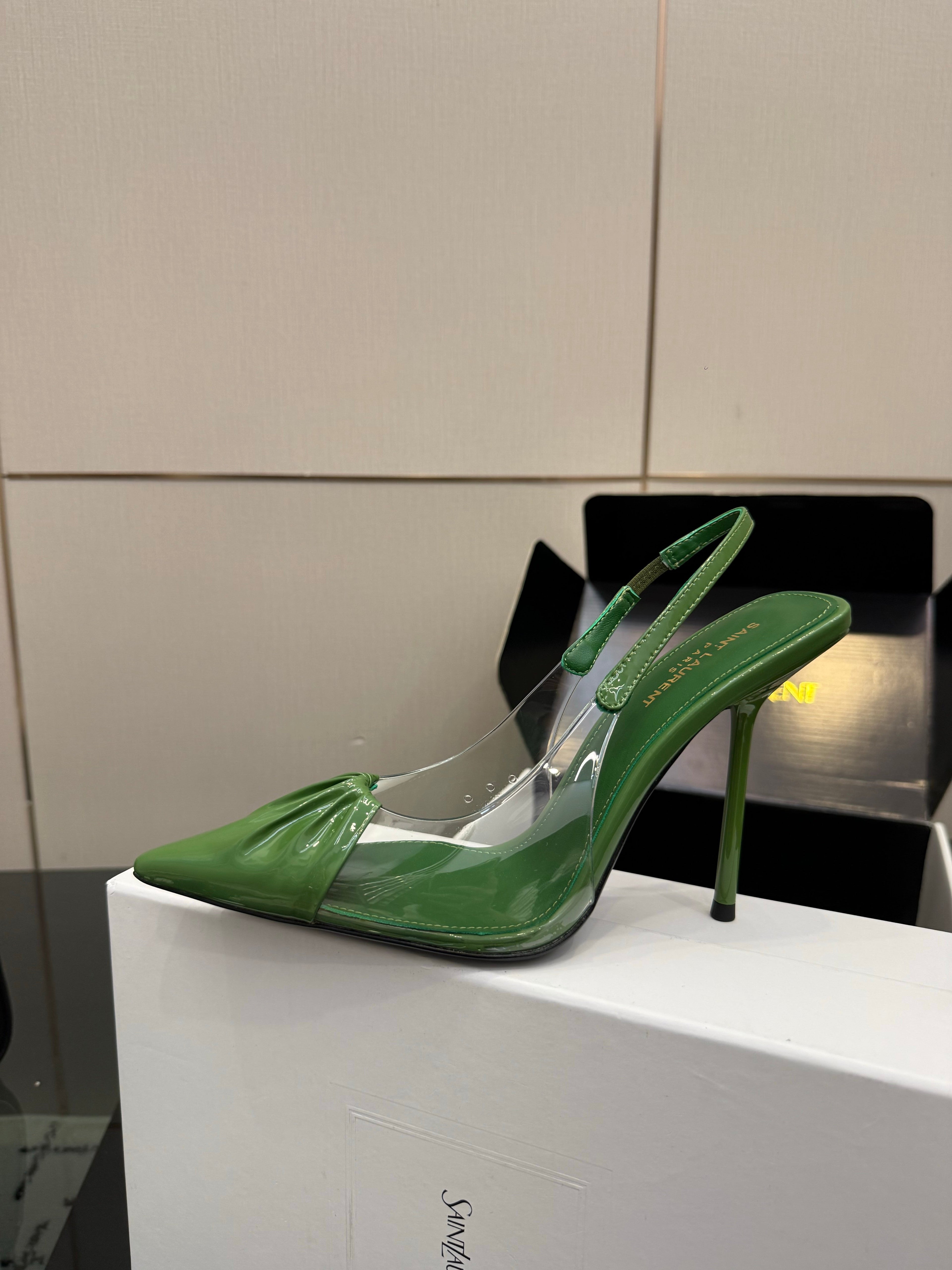 YSL 26S PLEATED SLINGBACK HEELS 105 MM IN GREEN GLOSSY CALFSKIN AND PVC