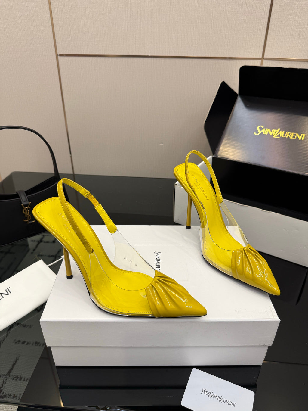 YSL 26S PLEATED SLINGBACK HEELS 105 MM IN YELLOW GLOSSY CALFSKIN AND PVC