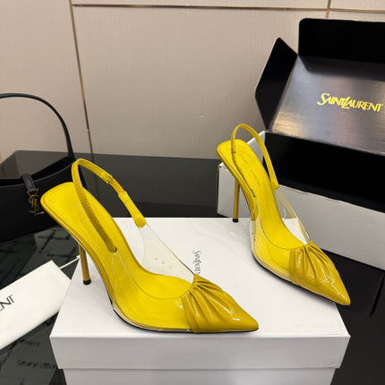 YSL 26S PLEATED SLINGBACK HEELS 105 MM IN YELLOW GLOSSY CALFSKIN AND PVC
