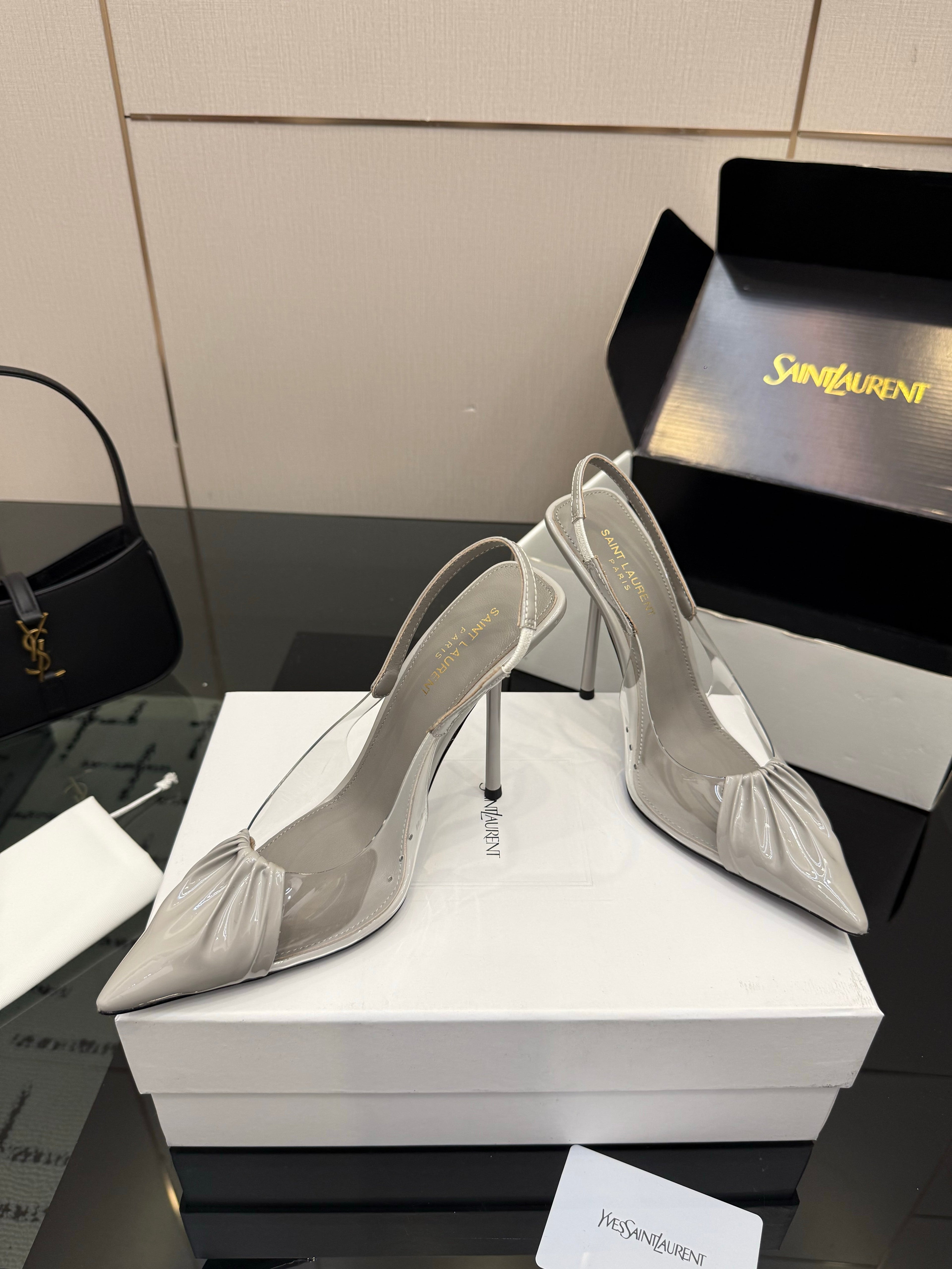 YSL 26S PLEATED SLINGBACK HEELS 105 MM IN GREY GLOSSY CALFSKIN AND PVC