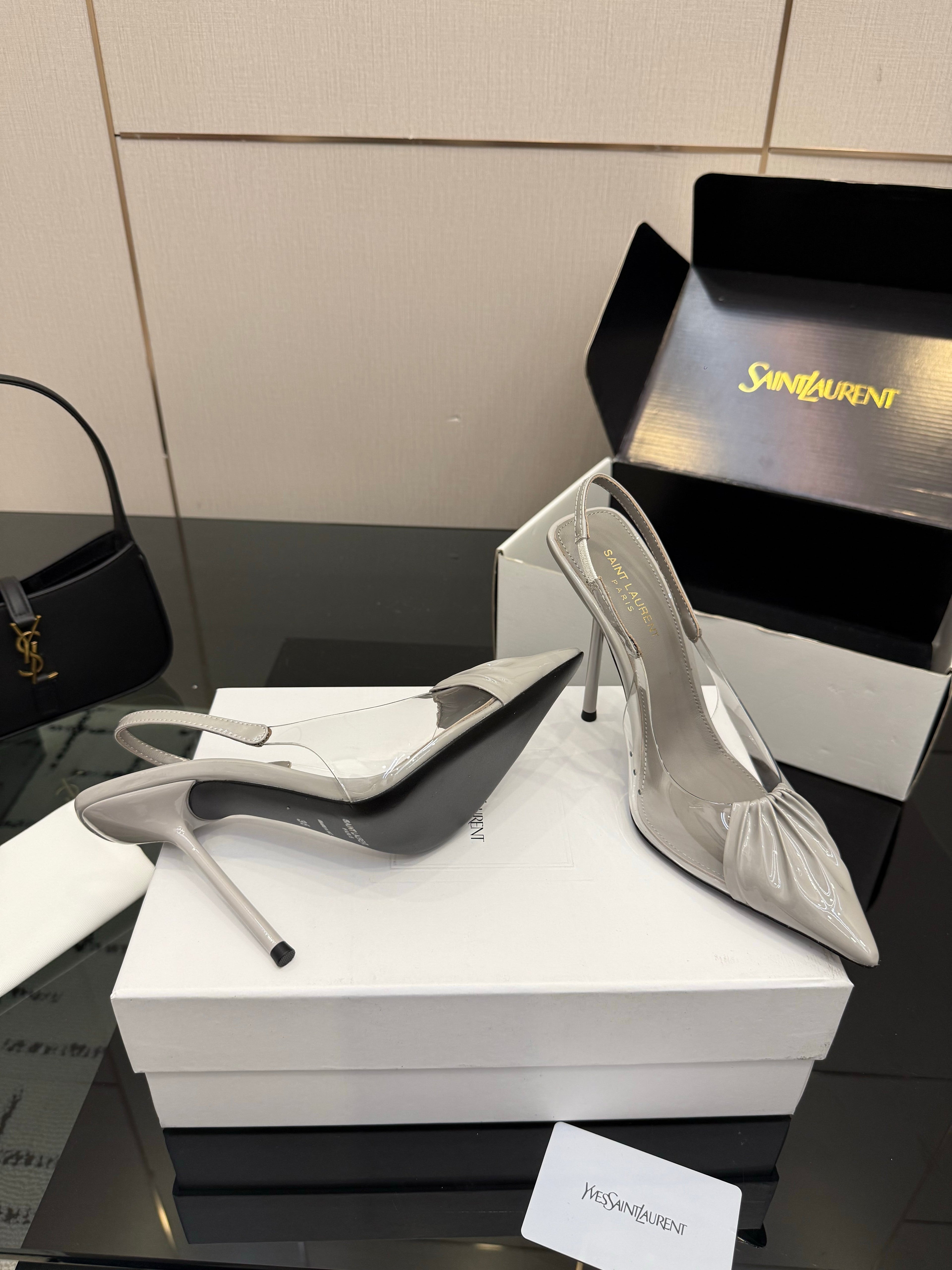 YSL 26S PLEATED SLINGBACK HEELS 105 MM IN GREY GLOSSY CALFSKIN AND PVC