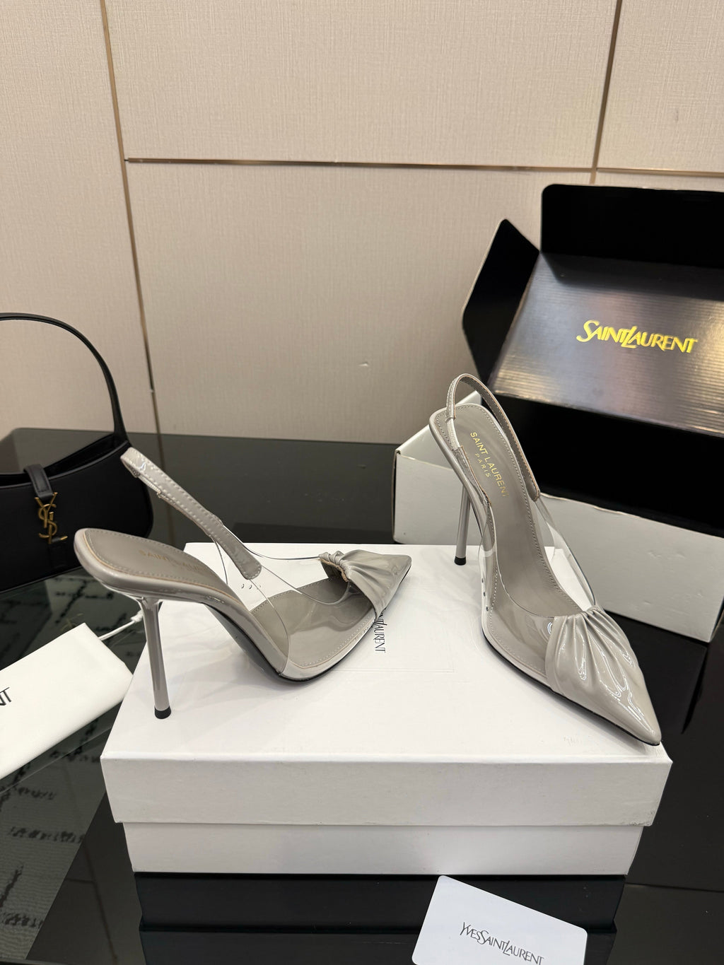 YSL 26S PLEATED SLINGBACK HEELS 105 MM IN GREY GLOSSY CALFSKIN AND PVC