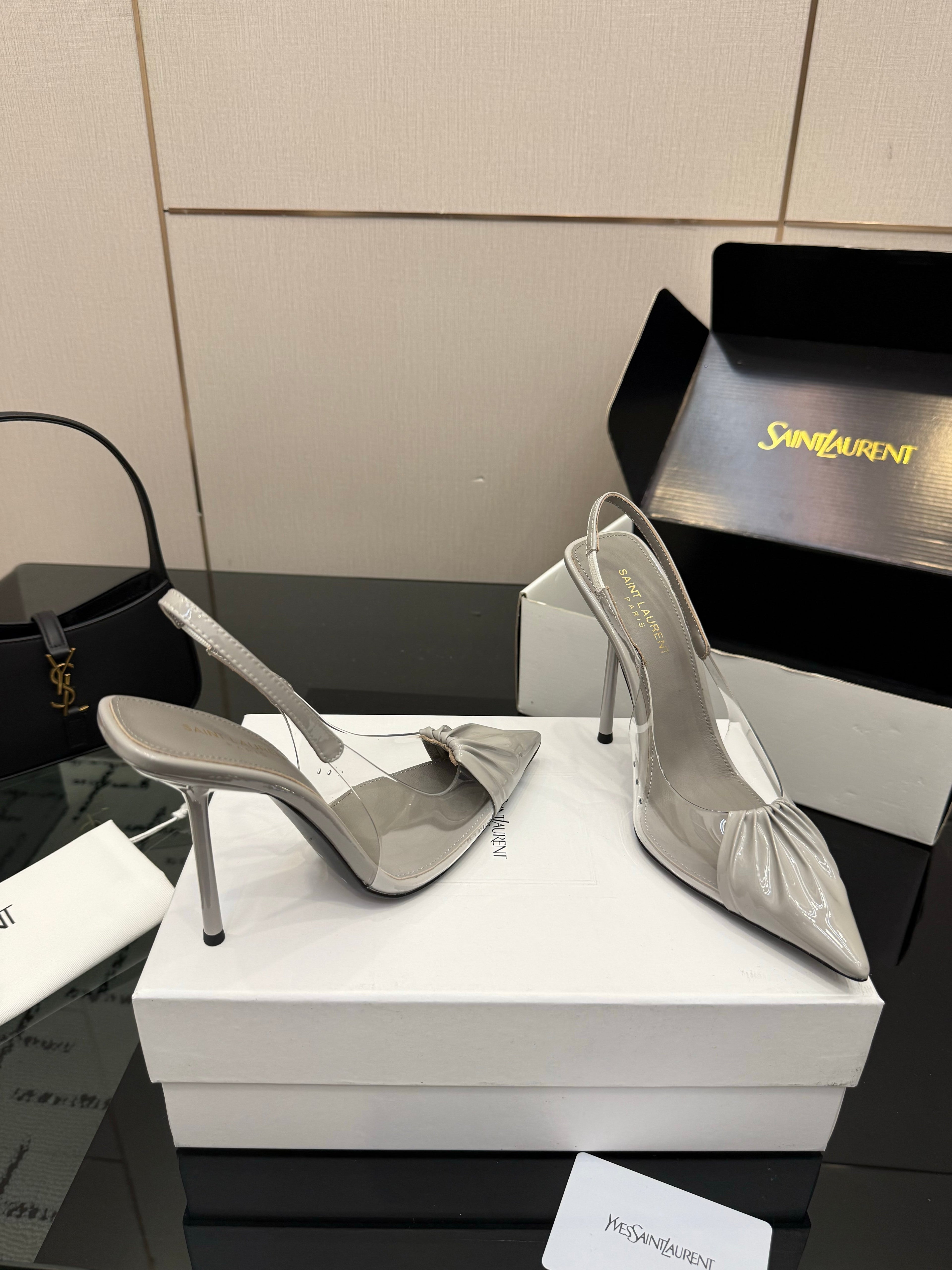 YSL 26S PLEATED SLINGBACK HEELS 105 MM IN GREY GLOSSY CALFSKIN AND PVC
