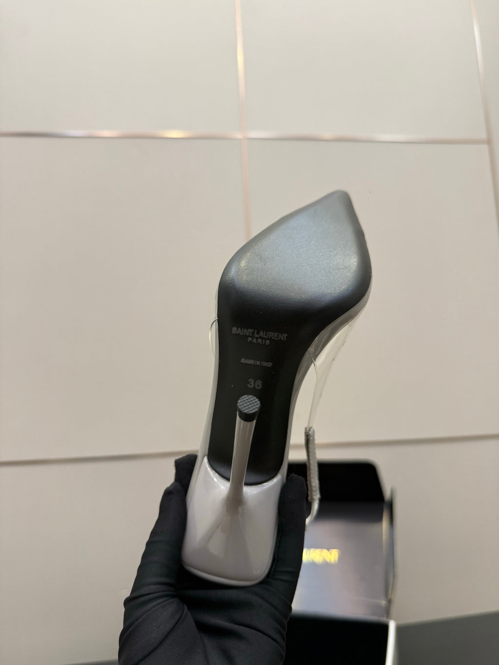 YSL 26S PLEATED SLINGBACK HEELS 105 MM IN GREY GLOSSY CALFSKIN AND PVC